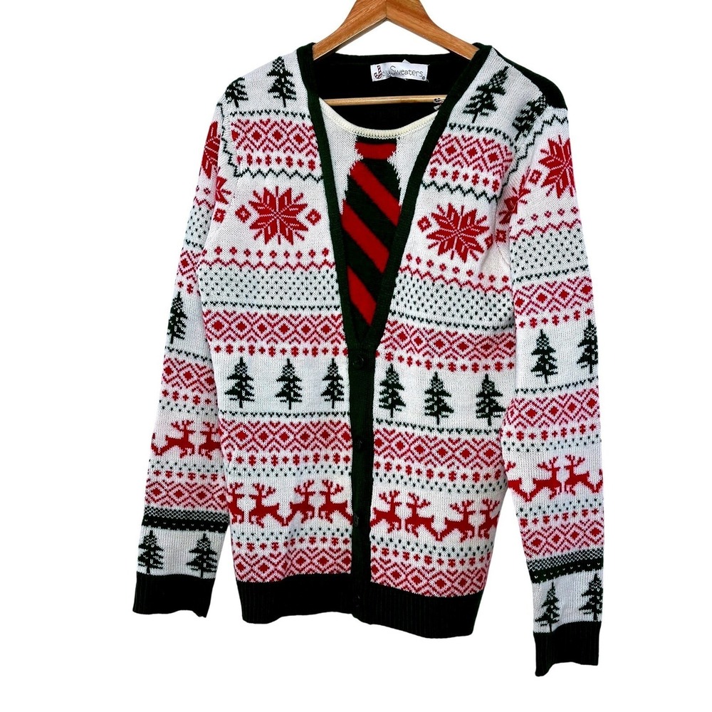 Ugly Christmas Cardigan Tie Fair Isle Sweater M M Red‎ Green Reindeer Trees Tie